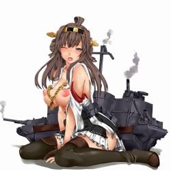 Rule 34 | 10s, 1girl, ahoge, bare shoulders, breasts, brown hair, cannon, detached sleeves, female focus, hair ornament, highres, inverted nipples, justin (sera tony), kantai collection, kongou (kancolle), large breasts, long hair, nipples, no bra, nontraditional miko, one eye closed, open clothes, open mouth, puffy nipples, purple eyes, simple background, sitting, skirt, solo, thighhighs, torn clothes, weapon, white background, wink