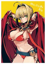 Rule 34 | 1girl, ahoge, arm guards, bare shoulders, belt, bikini, blonde hair, blush, braid, breasts, cape, cleavage, fate/extra, fate (series), french braid, green eyes, hair between eyes, hair bun, hair intakes, hands up, highres, imigimuru, large breasts, long hair, looking at viewer, navel, nero claudius (battle olympia) (fate), nero claudius (fate), nero claudius (fate) (all), nero claudius (fate/extra), official alternate costume, open mouth, red bikini, simple background, single hair bun, solo, swimsuit, thighs, yellow background