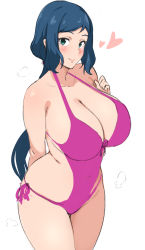 Rule 34 | 1girl, arm behind back, bad id, bad pixiv id, bikini, blue eyes, blue hair, blush, breasts, commentary request, gundam, gundam build fighters, halterneck, heart, highres, huge breasts, iori rinko, long hair, looking at viewer, mhs, midriff, mature female, mole, mole on stomach, navel, pink bikini, ponytail, side-tie bikini bottom, simple background, smile, solo, swimsuit, very long hair, white background