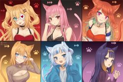 Rule 34 | 6+girls, akai haato, alternate costume, animal ear fluff, animal ears, artist name, bell, black hair, blonde hair, blue hair, blue hoodie, blunt bangs, breasts, brown sweater, cat ears, cat tail, choker, claw pose, cleavage, cleavage cutout, clothing cutout, commentary, english commentary, eyepatch, fang, gawr gura, hair ornament, hand in own hair, highres, hololive, hololive english, holomyth, hood, hoodie, kemonomimi mode, large breasts, looking at viewer, medium breasts, mole, mole under eye, mori calliope, multiple girls, neck bell, ninomae ina&#039;nis, one eye covered, open mouth, orange hair, pink eyes, pink hair, purple sweater, red eyes, revision, ribbed sweater, short hair, sleeves past fingers, sleeves past wrists, sweater, tail, takanashi kiara, ten-chan (eternal s), two side up, virtual youtuber, watson amelia