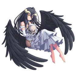 Rule 34 | 1girl, ahoge, ainz ooal gown, albedo (overlord), bare hips, barefoot, black hair, black wings, choker, collarbone, dress, elbow gloves, feathered wings, floating hair, full body, gloves, highres, hip vent, holding, holding skull, horns, invisible chair, jewelry, layered dress, long dress, long hair, looking at viewer, low wings, overlord (maruyama), ring, simple background, sitting, skull, sleeveless, sleeveless dress, slit pupils, smile, solo, very long hair, white background, white dress, white gloves, wings, yellow eyes, yoruusagi