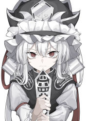Rule 34 | 1girl, absurdres, alternate color, closed mouth, commentary request, eyes visible through hair, frills, grey hat, grey vest, hair between eyes, hands up, hat, hat ribbon, highres, hisha (kan moko), juliet sleeves, long sleeves, looking at viewer, medium hair, puffy sleeves, red eyes, red ribbon, ribbon, shiki eiki, shirt, simple background, solo, standing, touhou, v-shaped eyebrows, vest, white background, white hair, white ribbon, white shirt