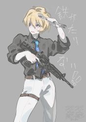 Rule 34 | 1boy, assault rifle, belt, black shirt, blonde hair, blue eyes, blue necktie, brbr vrvr, brown belt, collared shirt, dirty, feet out of frame, grey background, gun, hair between eyes, hand up, highres, holding, holding gun, holding weapon, holding wrench, holostars, kishido temma, legs apart, looking to the side, lower teeth only, male focus, necktie, open mouth, pants, rifle, shirt, short hair, simple background, sleeves rolled up, solo, standing, teeth, thigh strap, tie clip, trigger discipline, virtual youtuber, weapon, white pants, wrench