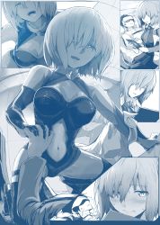 Rule 34 | 1boy, 1girl, armor, armored dress, assertive female, blue theme, blush, closed mouth, collared shirt, comic, commentary request, dress, elbow gloves, embarrassed, fate/grand order, fate (series), fujimaru ritsuka (male), gloves, hair over one eye, holding hands, head-mounted display, hetero, highres, interlocked fingers, jacket, unworn jacket, mash kyrielight, monochrome, navel, necktie, on person, open mouth, round teeth, shirt, short hair, smile, ^^^, sweatdrop, syatey, teeth, thigh strap, thighhighs, uniform, wavy mouth