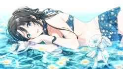 Rule 34 | 1girl, armpit crease, bare shoulders, bikini, bikini skirt, black hair, blue bikini, blue eyes, blush, bottle, breasts, caustics, choker, cleavage, collarbone, commentary, cowboy shot, earrings, floral print, flower earrings, flower on liquid, frilled bikini, frills, game cg, groin, hair tie, idolmaster, idolmaster shiny colors, jewelry, layered bikini, lens flare, long hair, looking at viewer, lying, mitsumine yuika, official art, on side, outdoors, parted lips, partially submerged, perfume bottle, ribbon, single earring, small breasts, smile, solo, sparkle, stomach, swimsuit, tomari (veryberry00), two side up, water, water drop, wet