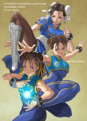 Rule 34 | 1girl, bare shoulders, boots, breasts, brown hair, capcom, china dress, chinese clothes, chun-li, dress, dual persona, earrings, fighting stance, fireball, highres, jewelry, leggings, legs, medium breasts, street fighter, street fighter ii (series), street fighter zero (series), thighs