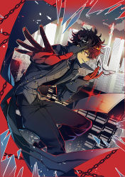 Rule 34 | 10s, 1boy, amamiya ren, black hair, chain, coat, full body, gloves, looking at viewer, male focus, mask, midou (midooooooooh), outstretched arm, persona, persona 5, red background, red gloves, short hair, simple background, skyline, smile, solo, sparkle