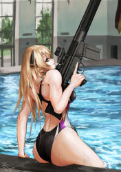 Rule 34 | 1girl, absurdres, arm support, battle rifle, blonde hair, competition swimsuit, from behind, g3 (girls&#039; frontline), girls&#039; frontline, gun, h&amp;k g3, highleg, highleg swimsuit, highres, holding, holding gun, holding weapon, one-piece swimsuit, partially submerged, poolside, rifle, sitting, swimming, swimsuit, trigger discipline, weapon, wet, xseal3