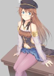 Rule 34 | 1girl, bare shoulders, blue eyes, braid, breasts, brown hair, detached sleeves, feathers, frills, granblue fantasy, grey background, hat, highres, kauru00, lecia (granblue fantasy), long hair, medium breasts, navel, pantyhose, pink pantyhose, sitting, skirt, sleeveless, smile, table