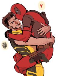 2boys absurdres arksia arms_around_neck beard belt_pouch brown_hair cheek-to-cheek clenched_teeth commentary deadpool deadpool_&amp;_wolverine deadpool_(series) facial_hair hashtag-only_commentary heads_together heart highres hug male_focus marvel marvel_cinematic_universe mask multiple_boys no_pupils pouch short_hair simple_background single_bare_shoulder sleeveless squiggle superhero_costume teeth thigh_strap white_background white_eyes wolverine_(x-men) x-men yaoi