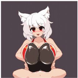 Rule 34 | animal ears, animated, animated gif, blush, breasts, competition swimsuit, cum, cum on body, cum on clothes, cum on hair, cum on upper body, facial, huge breasts, inubashiri momiji, large breasts, looking at viewer, namako daibakuhatsu, one-piece swimsuit, paizuri, paizuri under clothes, penis under another&#039;s clothes, pixel art, red eyes, shiny clothes, short hair, swimsuit, touhou, uncensored, underboob, white hair
