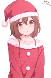 Rule 34 | 1girl, :o, absurdres, brown eyes, brown hair, collarbone, commentary, english commentary, hair between eyes, hair ornament, hairclip, hat, highres, hirasawa yui, k-on!, kurumimi birb, long sleeves, parted lips, santa costume, santa hat, short hair, simple background, solo, upper body, white background