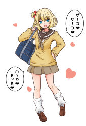 Rule 34 | 1girl, absurdres, alternate costume, alternate hairstyle, bag, black sailor collar, blonde hair, blue eyes, brown footwear, carrying, commentary request, fang, full body, girls und panzer, grey neckerchief, grey skirt, hair up, hand on own hip, heart, highres, katyusha (girls und panzer), loafers, long sleeves, looking at viewer, loose socks, miniskirt, neckerchief, one side up, open mouth, partial commentary, pleated skirt, red scrunchie, sailor collar, school bag, school uniform, scrunchie, serafuku, shoes, short hair, skin fang, skirt, smirk, socks, solo, sweater, translated, v-neck, wata sensha, white background, white legwear, yellow sweater