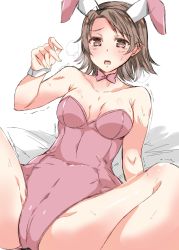 Rule 34 | 1girl, abenattou, alternate costume, animal ears, bed sheet, blush, bow, bowtie, breasts, brown eyes, brown hair, cameltoe, commentary, fake animal ears, girls und panzer, leotard, looking at viewer, lying, medium breasts, on back, on bed, open mouth, parted bangs, pink bow, pink bowtie, pink leotard, playboy bunny, rabbit ears, sawa azusa, short hair, solo, spread legs, sweat, tearing up, trembling, white background, wrist cuffs