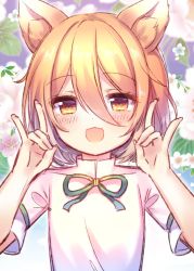 Rule 34 | 1girl, animal ears, blonde hair, blush, bow, brown hair, coa (chroo x), double fox shadow puppet, eyes visible through hair, fingernails, floral background, flower, fox ears, fox shadow puppet, gradient hair, green bow, hair between eyes, hands up, highres, kudamaki tsukasa, leaf, light brown hair, long fingernails, looking at viewer, multicolored hair, open mouth, pink flower, romper, short hair, short sleeves, smile, solo, touhou, upper body, white romper, yellow eyes