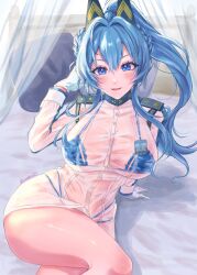 Rule 34 | 1girl, absurdres, arm support, bikini, bikini under clothes, blue bikini, blue eyes, blue hair, blush, braid, breasts, conakiggy, crossed legs, gloves, goddess of victory: nikke, hair intakes, headgear, helm (aqua marine) (nikke), helm (nikke), highres, large breasts, long hair, looking at viewer, official alternate costume, on bed, parted lips, pillow, ponytail, see-through, see-through shirt, shirt, sitting, smile, solo, swimsuit, twitter username, wet, wet clothes, wet shirt, white gloves, white shirt