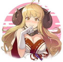 Rule 34 | 1girl, ahoge, anila (granblue fantasy), blonde hair, blush, breasts, cleavage, commentary request, draph, eyebrows, gloves, granblue fantasy, hand to own mouth, hinami (hinatamizu), horns, large breasts, long hair, looking at viewer, sheep horns, short eyebrows, smile, solo, sweat, thick eyebrows, upper body, v-shaped eyebrows, wavy mouth, white gloves, yellow eyes