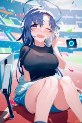 Rule 34 | 1girl, ;d, blew andwhite, blue archive, commentary request, highres, looking at viewer, one eye closed, open mouth, sitting, smile, solo, yuuka (blue archive), yuuka (track) (blue archive)