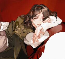 Rule 34 | 1girl, arm pillow, black hair, brown jacket, closed mouth, commentary, english commentary, hair over one eye, highres, jacket, unworn jacket, long hair, long sleeves, looking at viewer, lying, marley military uniform, messy, one eye closed, pieck finger, red background, shingeki no kyojin, shirt, smile, solo, tixili, upper body, white shirt