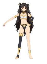 Rule 34 | 1girl, armlet, asymmetrical legwear, asymmetrical sleeves, bare shoulders, black hair, breasts, bridal gauntlets, crown, earrings, elbow gloves, fate/grand order, fate (series), feet, full body, gloves, hair ribbon, highleg, highleg panties, hoop earrings, ishtar (fate), jewelry, long hair, looking at viewer, navel, neck ring, official art, panties, parted bangs, red eyes, revealing clothes, ribbon, single elbow glove, single thighhigh, smile, solo, standing, thighhighs, thong, toeless legwear, two side up, underwear, uneven legwear, uneven sleeves, very long hair, wide hips