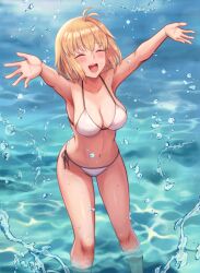 1girl :d absurdres ahoge arcueid_brunestud arms_up bikini blonde_hair blush breasts cleavage closed_eyes day highres large_breasts navel ocean open_mouth outdoors outstretched_arms partially_submerged short_hair side-tie_bikini_bottom smile solo splashing sushisnek swimsuit teeth tongue tsukihime upper_teeth_only water water_drop wet white_bikini