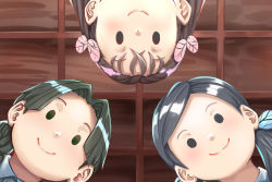 Rule 34 | 3girls, black hair, braid, brown hair, butterfly hair ornament, ceiling, commentary request, face, from below, hair intakes, hair ornament, indoors, kimetsu no yaiba, long hair, looking at viewer, looking down, low twintails, motsushi, multiple girls, nakahara sumi, smile, takada naho, terauchi kiyo, twin braids, twintails