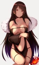 Rule 34 | 1girl, arm across waist, bare shoulders, black dress, breasts, brown hair, center opening, choker, collarbone, commentary request, dress, earrings, fate/grand order, fate (series), fire, fur-trimmed jacket, fur trim, highres, jacket, jewelry, kameponde, long hair, looking at viewer, medium breasts, multiple earrings, navel, parted lips, red eyes, revealing clothes, sidelocks, solo, stomach, strapless, strapless dress, very long hair, yu mei-ren (fate)