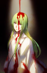 Rule 34 | androgynous, blood, blood drip, blood on clothes, blood on face, dark background, enkidu (fate), fate/grand order, fate/strange fake, fate (series), gender request, green hair, kingu (fate), light rays, long hair, long sleeves, looking at viewer, purple eyes, robe, simple background, sunbeam, sunlight, toruglose, upper body, white robe
