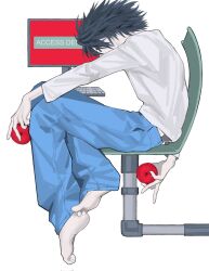 Rule 34 | 1boy, apple, bags under eyes, barefoot, black eyes, black hair, computer, death note, denim, error message, food, fruit, highres, holding, holding food, holding fruit, jeans, computer keyboard, l (death note), long sleeves, looking at viewer, male focus, monitor, pale skin, pants, shirt, short hair, simple background, sitting, solo, white background, white shirt, woyaocharlie