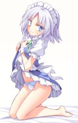 Rule 34 | 1girl, apron, bare legs, barefoot, bed sheet, blue eyes, blue panties, blush, bow, bow panties, braid, child, clothes lift, commentary request, dress, dress lift, frilled apron, frills, full body, green ribbon, highres, ina (inadahime), izayoi sakuya, kneeling, lifting own clothes, looking at viewer, maid, maid apron, maid headdress, neck ribbon, panties, petticoat, puffy short sleeves, puffy sleeves, ribbon, shirt, short dress, short hair, short sleeves, silver hair, simple background, solo, sweat, thighs, touhou, twin braids, underwear, waist apron, white apron, white background, white shirt, wrist cuffs
