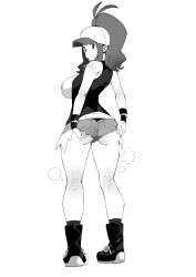 Rule 34 | 1girl, absurdres, adjusting clothes, adjusting shorts, alternate breast size, antenna hair, ass, bare arms, bare legs, bare shoulders, baseball cap, boots, breasts, creatures (company), crotch seam, exposed pocket, full body, game freak, greyscale, hair through headwear, hat, high ponytail, highres, hilda (pokemon), huge breasts, impossible hair, kneepits, kobo (cobo 0609), legs apart, long hair, looking at viewer, looking back, monochrome, nintendo, official alternate costume, parted lips, pocket, pokemon, pokemon bw, shirt, short shorts, shorts, sidelocks, simple background, sleeveless, sleeveless shirt, socks, solo, standing, sweat, underbutt, vest, white background, wristband