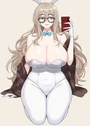 Rule 34 | 1girl, akane (blue archive), akane (bunny) (blue archive), animal ears, bare shoulders, blue archive, blush, bow, bowtie, breasts, brown eyes, covered navel, detached collar, fake animal ears, glasses, gloves, grin, hair between eyes, halo, hella p, highres, large breasts, leotard, long hair, pantyhose, plaid, plaid scarf, playboy bunny, rabbit ears, scarf, sidelocks, sitting, smile, solo, standing, strapless, strapless leotard, white gloves, white leotard, white pantyhose