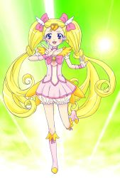 Rule 34 | 10s, 1girl, blonde hair, bloomers, blue eyes, boots, bow, bowtie, candy (smile precure!), choker, circlet, cure candy, dress, eyelashes, full body, green background, hair bow, highres, long hair, magical girl, personification, pink bow, pink bowtie, pink dress, pink skirt, precure, skirt, smile, smile precure!, solo, standing, standing on one leg, toworun, twintails, underwear, v, white bloomers
