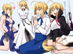Rule 34 | 1girl, ahoge, artoria pendragon (all), artoria pendragon (fate), artoria pendragon (swimsuit archer) (third ascension) (fate), bb (fate), blonde hair, blouse, braid, breasts, cleavage, cloak, dress, eating, fate/grand order, fate (series), food, gloves, green eyes, holding, holding food, looking at viewer, open mouth, saber (fate), shirt, sleeveless, sleeveless dress, smile, solo focus, takara joney