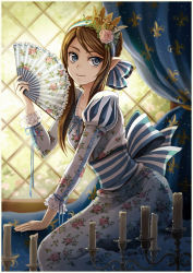 Rule 34 | 1girl, arm support, blue eyes, bow, brown hair, candle, candlestand, collarbone, crown, curtains, dress, elf, fleur-de-lis, floral print, flower, folding fan, frilled sleeves, frills, from side, hair flower, hair ornament, hair ribbon, hairband, hand fan, indoors, laces, leaning forward, light particles, long hair, long sleeves, looking at viewer, original, pointy ears, print dress, puff and slash sleeves, puffy sleeves, radittz, ribbon, sash, sidelocks, sitting, smile, solo, swept bangs, wax, window