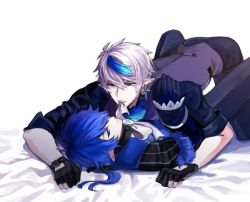 Rule 34 | 2boys, bad id, bad pixiv id, bed sheet, black gloves, blue hair, ciel (elsword), cross, cross earrings, dreadlord (elsword), dual persona, earrings, elsword, gloves, jeruka (otot9181), jewelry, long hair, looking at viewer, male focus, mouth hold, multicolored hair, multiple boys, partially fingerless gloves, pointy ears, ponytail, ribbon, ribbon in mouth, royal guard (elsword), streaked hair, two-tone hair, white background, white hair, yaoi