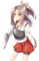 Rule 34 | 10s, 1girl, 3:, blush, brown eyes, brown hair, clenched hand, headband, highres, japanese clothes, kantai collection, looking at viewer, muneate, ponytail, simple background, solo, uttt, white background, zuihou (kancolle)