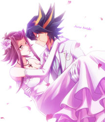 Rule 34 | 1boy, 1girl, arm around neck, black hair, blonde hair, brown eyes, carrying, closed mouth, collarbone, collared shirt, couple, dress, elbow gloves, eye contact, facial mark, flower, fudo yusei, gloves, hair flower, hair intakes, hair ornament, hetero, izayoi aki, jacket, jewelry, layered dress, long dress, long hair, long sleeves, looking at another, multicolored hair, necklace, open clothes, open jacket, petals, pink flower, pink rose, princess carry, red hair, rose, shirt, short hair with long locks, sidelocks, sleeveless, sleeveless dress, smile, spiked hair, strapless, strapless dress, two-tone hair, wedding dress, white dress, white gloves, white jacket, white shirt, wing collar, yu-gi-oh!, yu-gi-oh! 5d&#039;s, yun yu