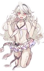 Rule 34 | 1boy, blush, corrin (female) (fire emblem), corrin (female) (summer) (fire emblem), corrin (fire emblem), corrin (male) (fire emblem), crossdressing, fire emblem, fire emblem fates, fire emblem heroes, hairband, long hair, looking at viewer, male focus, navel, negiwo, nintendo, open mouth, pointy ears, red eyes, smile, solo, trap, v, white hair