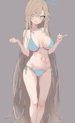 Rule 34 | 1girl, asuna (blue archive), bare shoulders, bikini, blue archive, blue bikini, blue eyes, breasts, breasts apart, gluteal fold, grey background, hair between eyes, hands up, harenchi, highres, large breasts, light brown hair, looking at viewer, navel, parted lips, smile, solo, swimsuit, unfinished, upper body