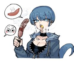 Rule 34 | 1girl, black choker, black shirt, blue eyes, blue hoodie, blush stickers, breasts, choker, cleavage, commentary, cropped torso, earrings, eating, english commentary, fire, from side, highres, holding, holding stick, hood, hood down, hoodie, hot dog, jewelry, kame-chan (oligogi meoggosipda), lip piercing, lizard tail, looking at viewer, medium breasts, mole, mole under eye, o o, oligogi meoggosipda, open mouth, oral, original, parted lips, piercing, ribbon choker, roasting, saliva, saliva trail, sharp teeth, shirt, short hair, simple background, speech bubble, steam, stick, stud earrings, tail, teeth, tomboy, tongue, tongue out, upper teeth only, white background, zipper pull tab
