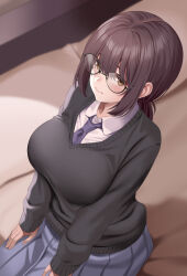 Rule 34 | 1girl, bed sheet, black cardigan, blue necktie, blue skirt, blush, breasts, brown eyes, brown hair, cardigan, closed mouth, commentary request, from above, glasses, huyumitsu, large breasts, long hair, long sleeves, looking at viewer, necktie, on bed, original, pleated skirt, school uniform, shirt, sidelocks, sitting, skirt, solo, uniform, white shirt
