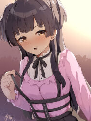 Rule 34 | 1girl, black bow, black hair, black skirt, blush, bow, breasts, brown eyes, hand up, highres, idolmaster, idolmaster shiny colors, long hair, looking at viewer, mayuzumi fuyuko, medium breasts, nose blush, open mouth, pink shirt, pulled by self, seneto, shirt, skirt, solo, two side up, very long hair