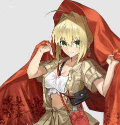 Rule 34 | &gt;:), 10s, 1girl, ahoge, ashiwara yuu, bag, between breasts, blonde hair, bow, braid, breasts, brown jacket, cleavage, closed mouth, collarbone, crop top, earrings, fate/extra, fate (series), fringe trim, green eyes, grey background, hair between eyes, hair bow, hair intakes, handbag, holding, jacket, jewelry, looking at viewer, medium breasts, nero claudius (fate), nero claudius (fate) (all), nero claudius (fate/extra), nero claudius (traveling outfit) (fate), official alternate costume, open clothes, open jacket, red bow, short sleeves, sidelocks, signature, simple background, smile, solo, strap between breasts, v-shaped eyebrows