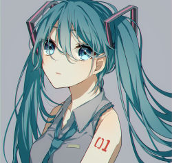 Rule 34 | 1girl, arm tattoo, aryuma772, blue eyes, blue hair, blue necktie, collarbone, collared shirt, grey background, grey shirt, hair between eyes, hair ornament, hatsune miku, highres, long hair, necktie, parted lips, shirt, simple background, solo, tattoo, twintails, upper body, very long hair, vocaloid, wing collar