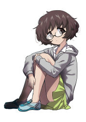 Rule 34 | 1girl, absurdres, akiyama yukari, bespectacled, black-framed eyewear, blue footwear, casual, closed mouth, collared shirt, dated, from side, full body, girls und panzer, glasses, grey sweater, head tilt, highres, hood, hoodie, hugging own legs, light frown, looking at viewer, miniskirt, no legwear, one-hour drawing challenge, pleated skirt, semi-rimless eyewear, shiina excel, shirt, shoes, short hair, simple background, sitting, sketch, skirt, sneakers, solo, sweater, under-rim eyewear, white background, white shirt, yellow skirt