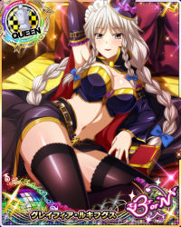 Rule 34 | 1girl, arm behind head, black thighhighs, blue bow, blush, bow, braid, breasts, cape, card (medium), chess piece, cleavage, detached sleeves, female focus, grayfia lucifuge, grey eyes, grey hair, hair bow, hat, high school dxd, jewelry, large breasts, lipstick, long hair, magician, maid headdress, makeup, matching hair/eyes, midriff, mature female, navel, queen (chess), red lips, ring, smile, solo, thighhighs, twin braids