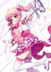Rule 34 | 1girl, absurdres, armpits, chiyoda momo, commentary request, detached sleeves, frilled skirt, frills, green eyes, hair ornament, highres, holding, magical girl, miu (angelo whitechoc), pink hair, pink skirt, short hair, skirt, solo, thighhighs, thighs, white thighhighs, zettai ryouiki