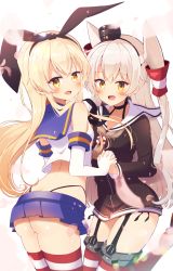 Rule 34 | 2girls, :d, amatsukaze (kancolle), ass, black hairband, black panties, black shirt, blonde hair, blue skirt, blush, crop top, elbow gloves, garter straps, gloves, hair between eyes, hair ornament, hairband, highleg, highleg panties, highres, holding hands, ichijo rei, interlocked fingers, kantai collection, long hair, looking at viewer, looking back, microskirt, multiple girls, open mouth, panties, shimakaze (kancolle), shirt, silver hair, simple background, skirt, smile, striped clothes, striped legwear, striped thighhighs, thighhighs, twintails, two side up, underwear, very long hair, white background, white gloves, white shirt, yellow eyes