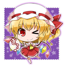 Rule 34 | &gt; o, 1girl, ascot, bad id, bad pixiv id, blonde hair, chibi, flandre scarlet, frilled hat, frilled skirt, frilled sleeves, frills, hat, hat ribbon, heart, looking at viewer, mob cap, noai nioshi, one eye closed, puffy short sleeves, puffy sleeves, purple background, red eyes, red footwear, red ribbon, red skirt, red vest, ribbon, shoes, short sleeves, side ponytail, skirt, smile, solo, spoken heart, star (symbol), starry background, touhou, vest, white hat, white legwear, wings, wrist cuffs, yellow ascot